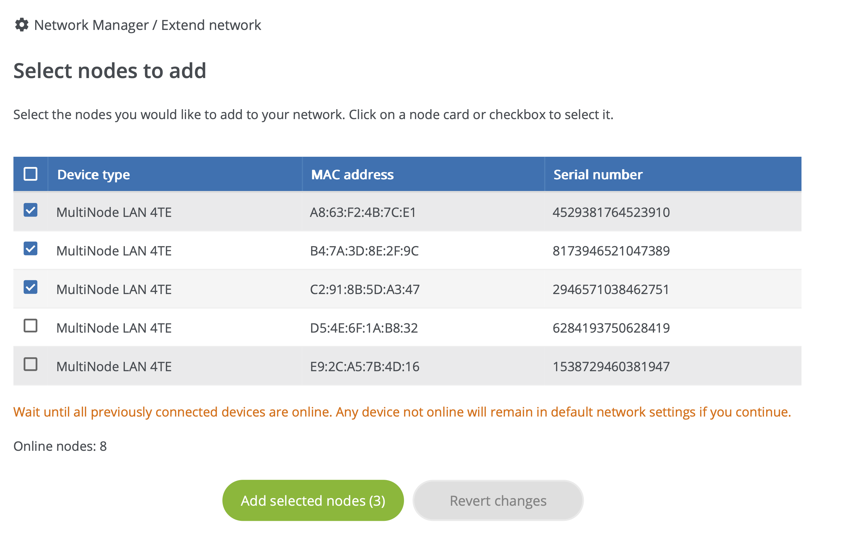 Web interface: Network Manager > Extend network – select nodes
