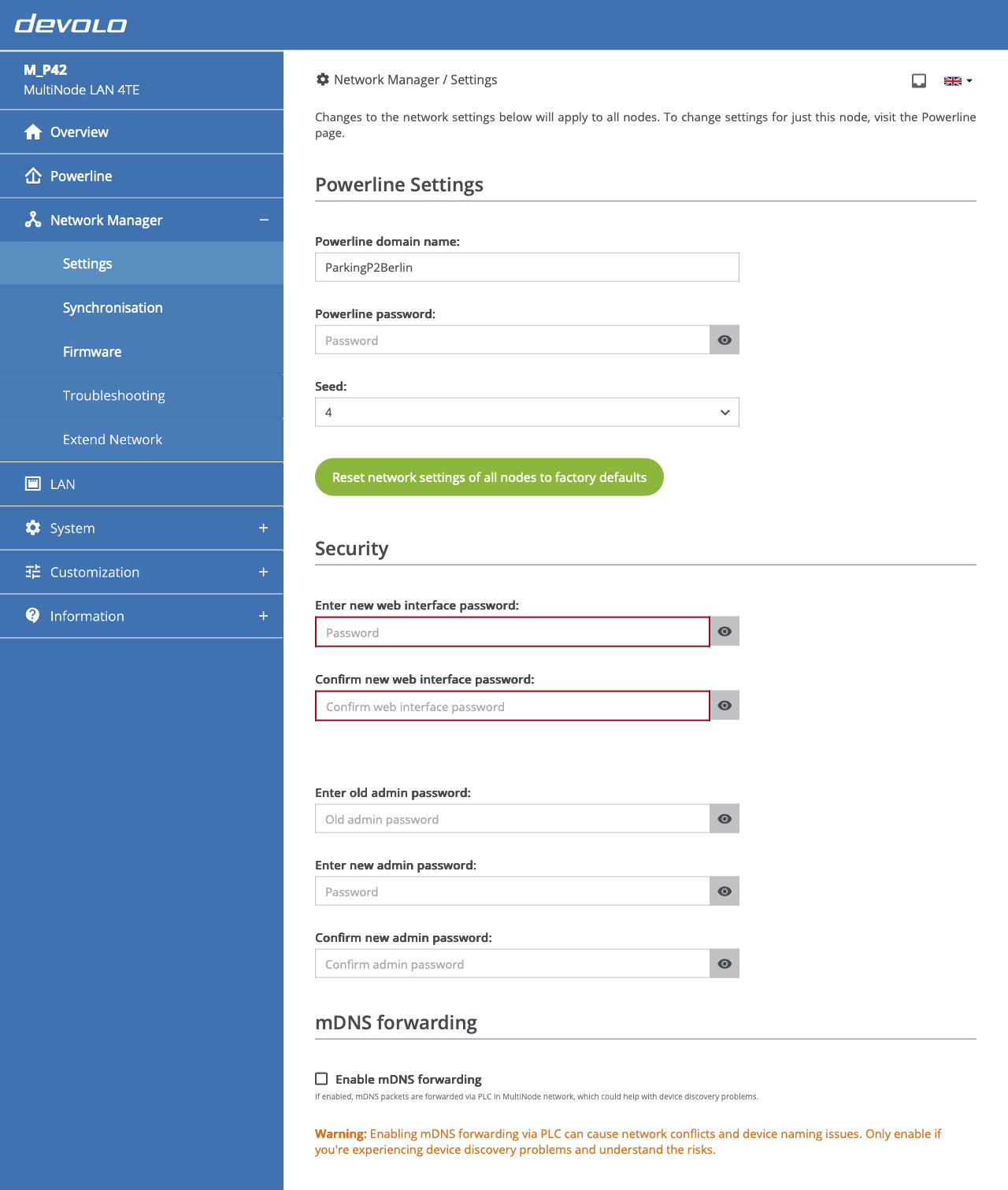 Web interface: Network Manager > Settings