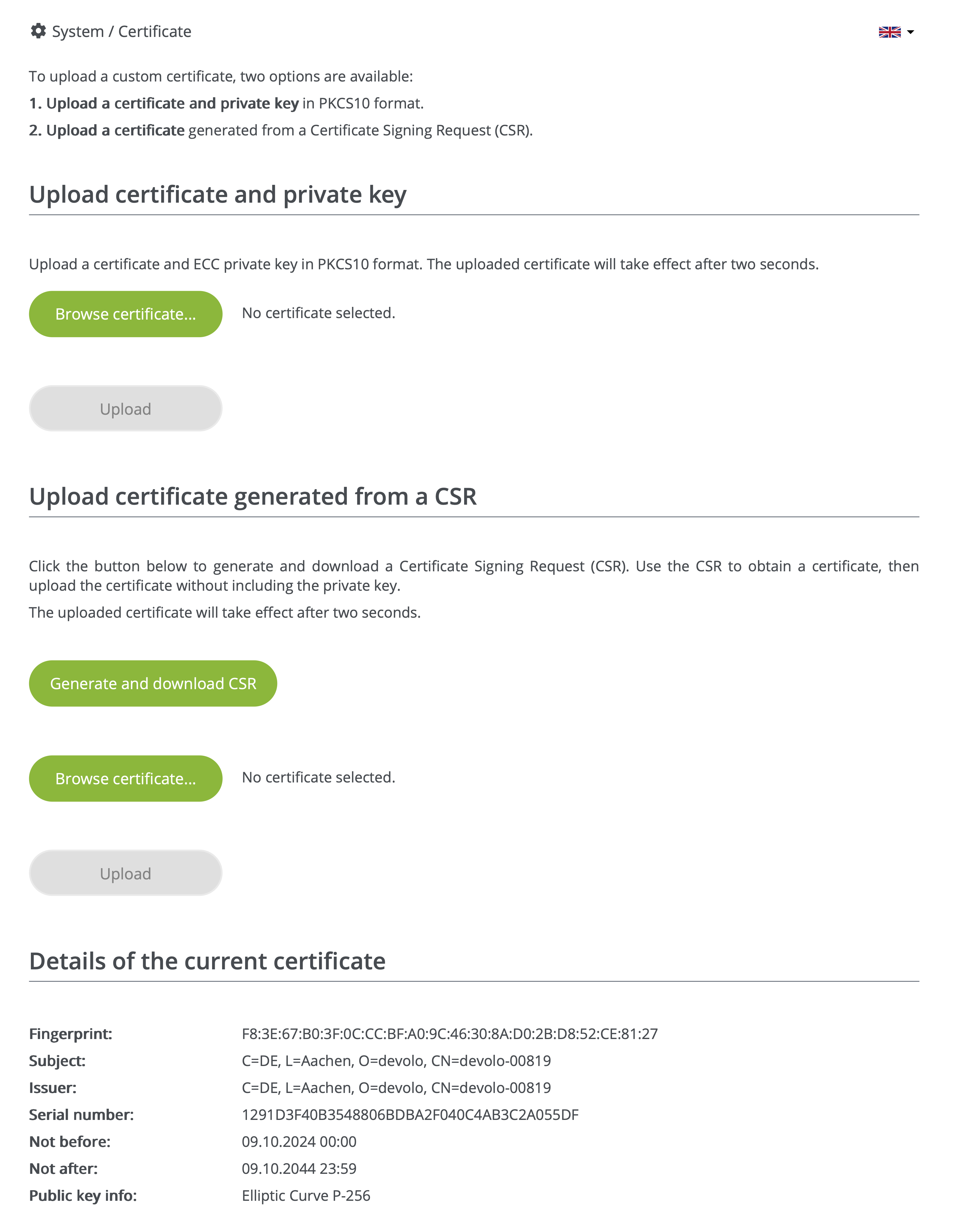 Web interface: System > Certificate